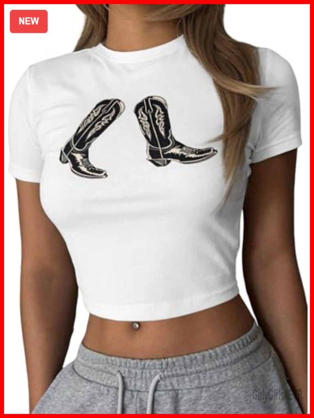 Western Cowgirl Crop Top Slim Fit Cowboy Boot Print Summer Tee
